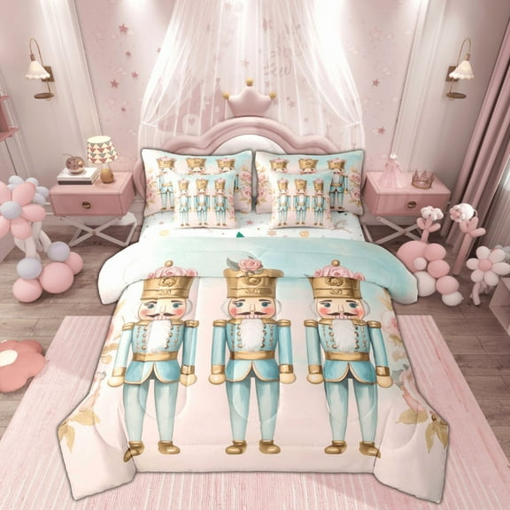 Manfei Kawaii Retro Nutcracker Twin Bedding Sets 7-Piece, Garden Pink Rose Floral Bedding Comforter Set, Kids Teen Child Reversible Sheet Sets, Luxury Bedroom Decor