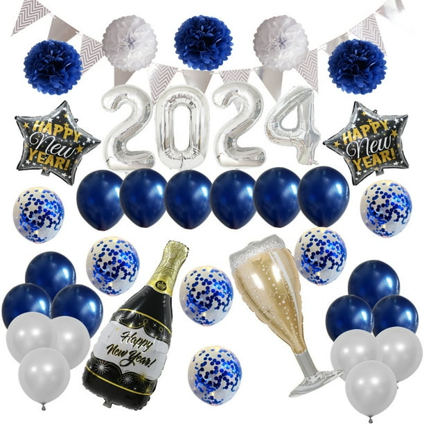 Juego de globos de Feliz Año Nuevo 2024, kit de decoraciones para fiestas de Año Nuevo, pancarta de Feliz Año Nuevo con números 2024 de gran tamaño para decoración de fiestas de Nochevieja
