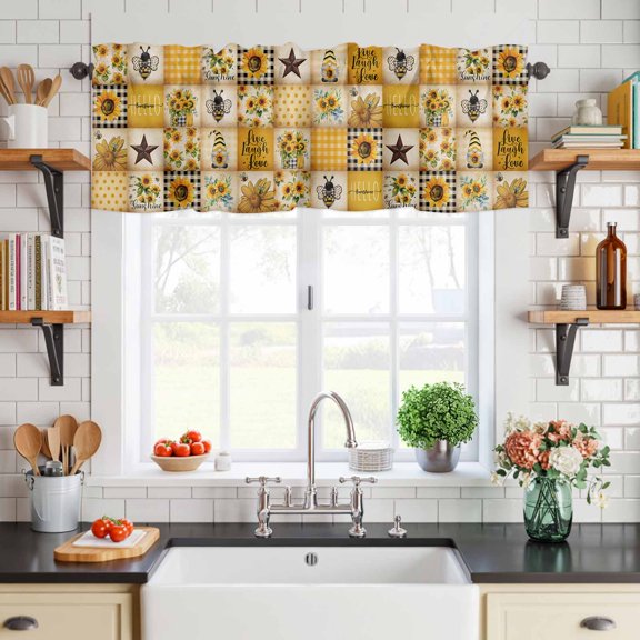 Curtain Valance for Windows Country Star Bee Gnome Sunflower Short Rod Pocket Kitchen Valances Blackout Curtains Farm Yellow Gingham Check Window Treatment for Living Room Bathroom Bedroom,54"x18"