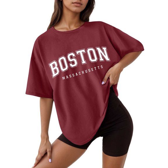 Afdoent Womens Tops Letter Printed Crew Neck Short Sleeve Loose T Shirt Casual Tee Shirts Vacation Clothes 2026