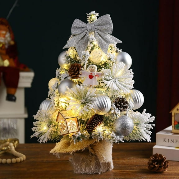 Mini Tabletop Christmas Tree 17.7 Inch Artificial Christmas Tree with Ornaments Bow Pentagram Pinecones and LED String Lights（Silver）