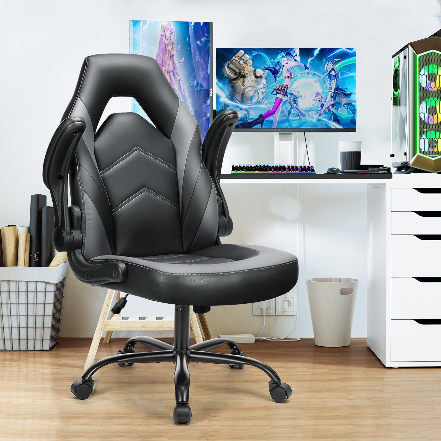 Simenmax Gaming Chair, Ergonomic Office Leather Racing Chair with Flip-up Armrest, Black Gray