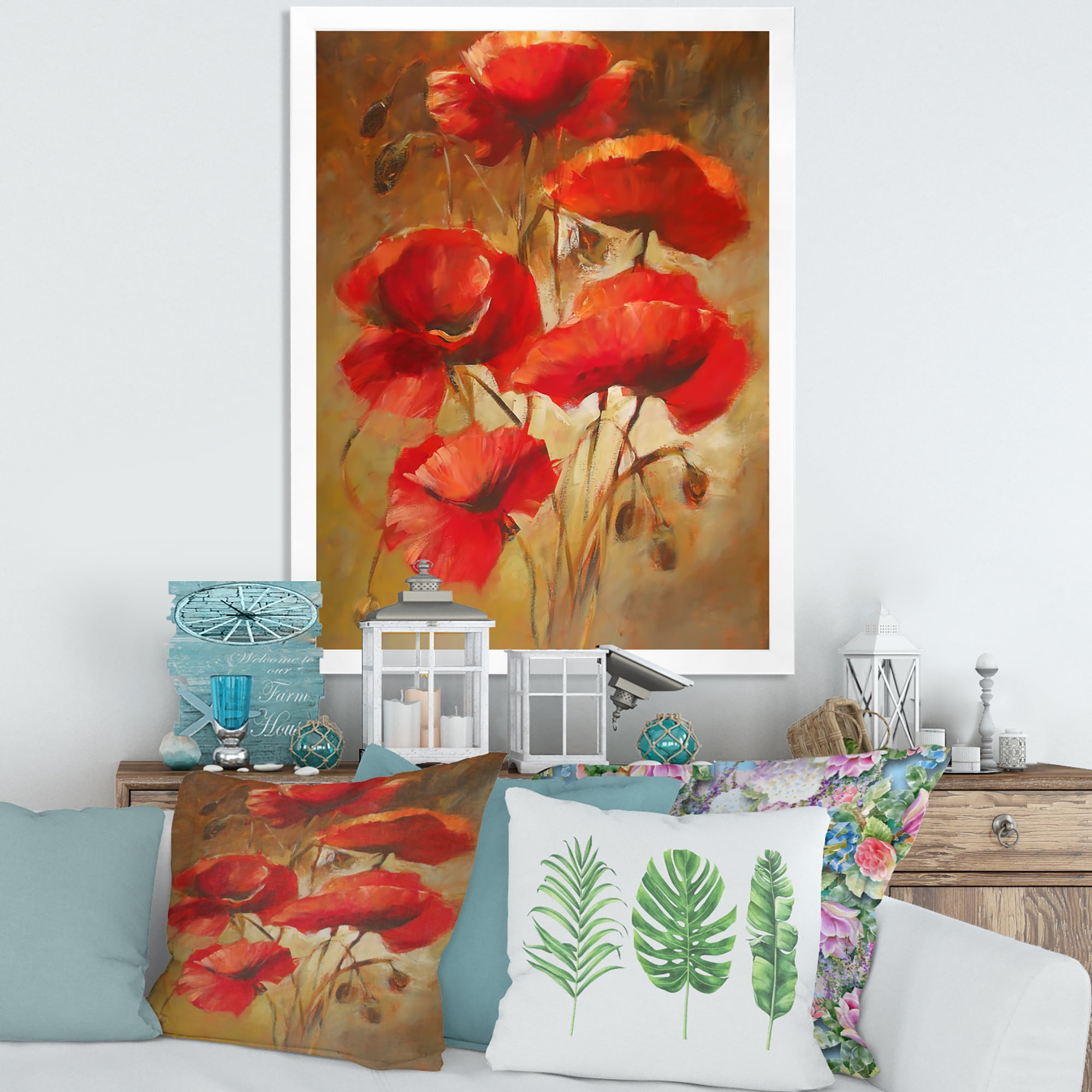 Designart 'Red Blossoming Poppies Over Wild Brown I' Traditional Framed Art Print