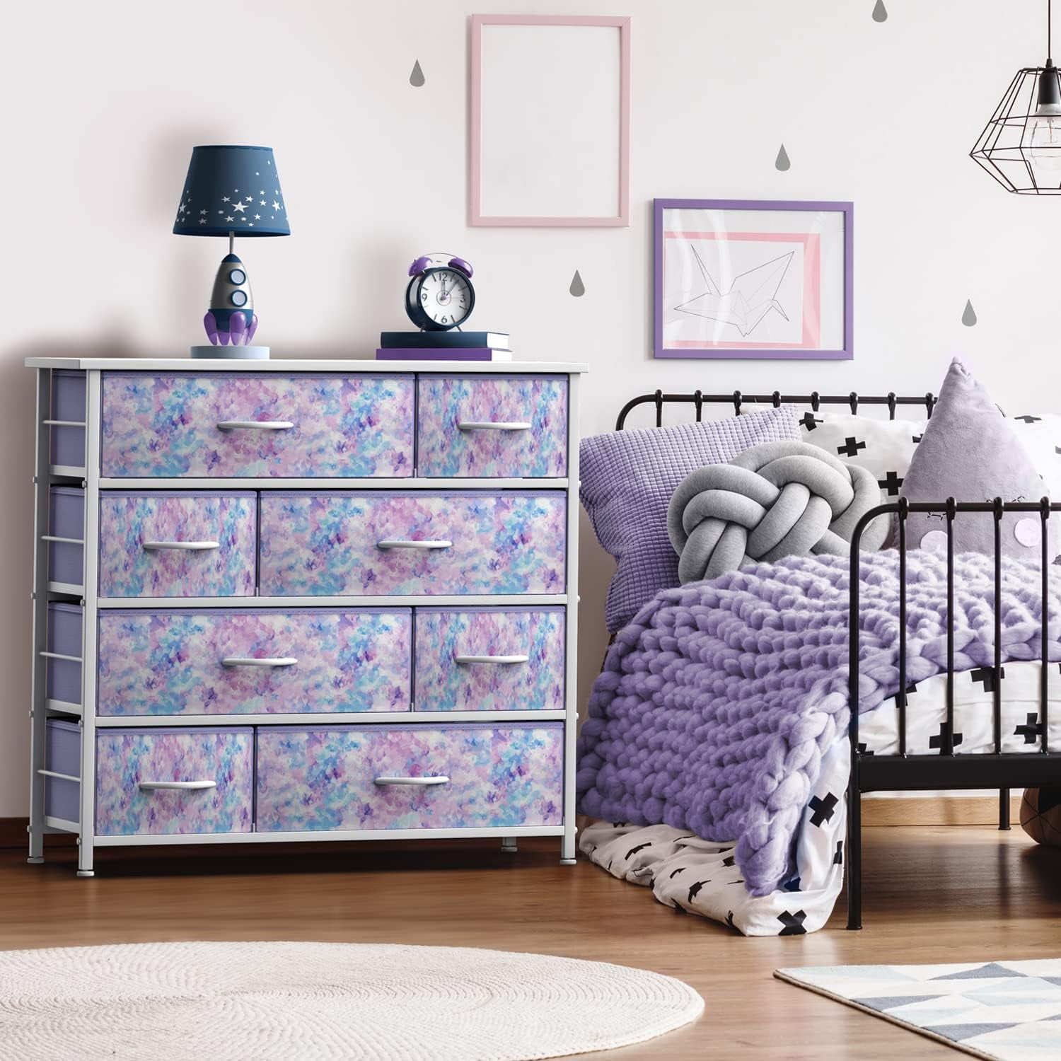 Sorbus 8-Drawer Dresser, Steel Frame Storage Chest with Fabric Bins, Wood Top, Tie-Dye Purple
