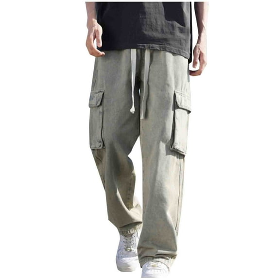 Dagegui Straight-Leg Cargo Pants for Men Elastic Waist Drawstring Jeans Vintage Multi-Pockets Denim Pant Trendy Baggy Streetwear Trousers Blue 3XL