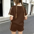thumbnail image 4 of SGFCWSX Girls 2 Piece Outfits Summer Bow Print Short Sleeve T Shirt Side Stripe Shorts Set for Kids Brown Size 6, 4 of 6