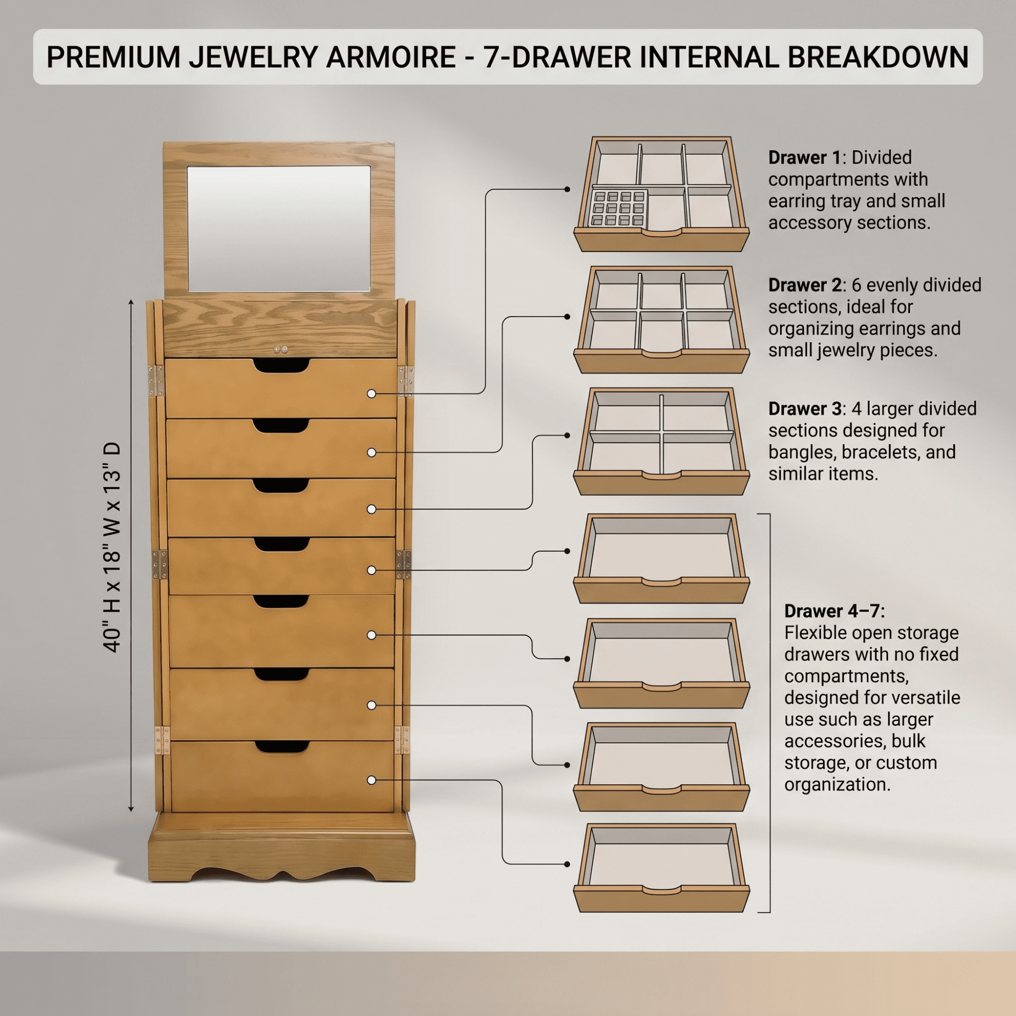Hives & Honey Women's Chelsea Wood Jewelry Storage Armoire with Mirror Doors in Walnut