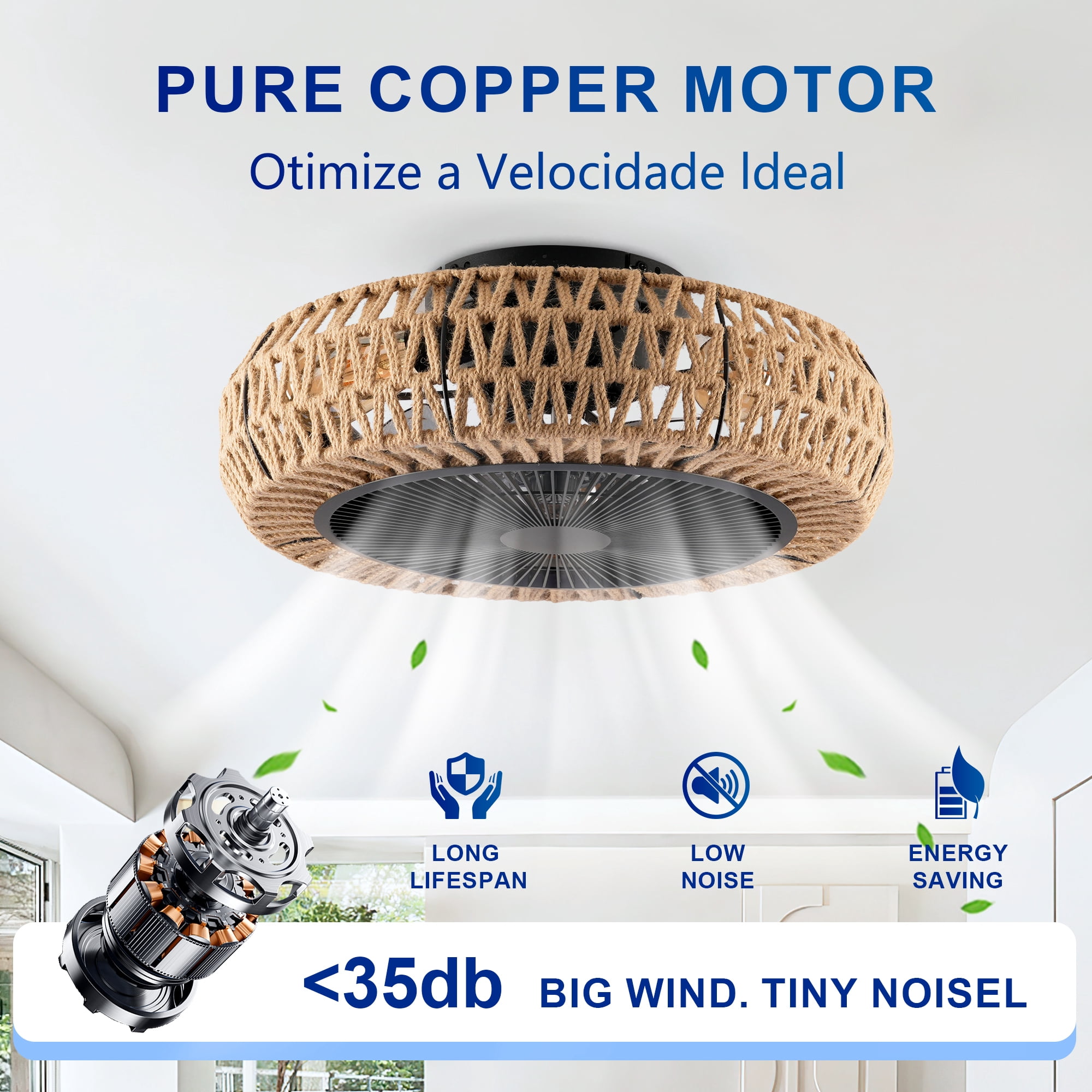 Leumius 20" Vintage Rope Ceiling Fan with Light and Remote ,6 Speed, DC Motor Reversible Ceiling Fan for Living Room Bedroom Dining Room (NOT Included Bulbs)