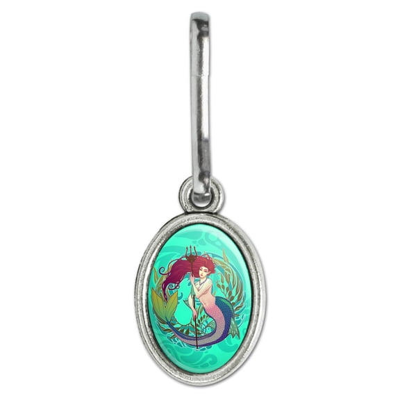 Mermaid Holding Trident Circle Art Nouveau Kelp Antiqued Oval Charm Clothes Purse Suitcase Backpack Zipper Pull Aid