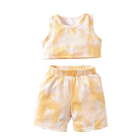 

Kucnuzki 3 Months Baby Girl Summer Outfits Shorts Sets 6 Months Sleevless Tie Dye Prints Camisole Tops Elastic Cozy Shorts 2PCS Set Yellow
