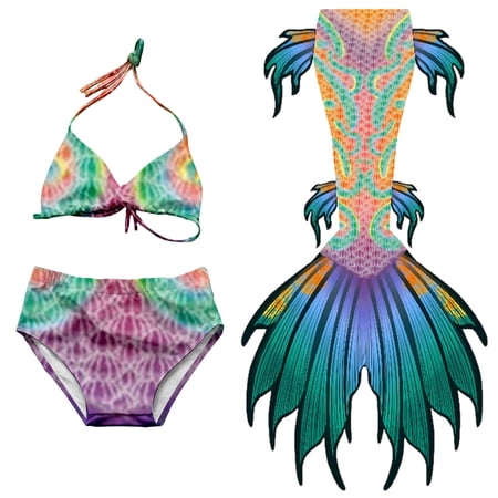 Lkhaha Girls Swimsuit Fish Scale Print Bikini Tail 3 Piece Set UPF 50+ Swimwear Light Blue 4-6 Years