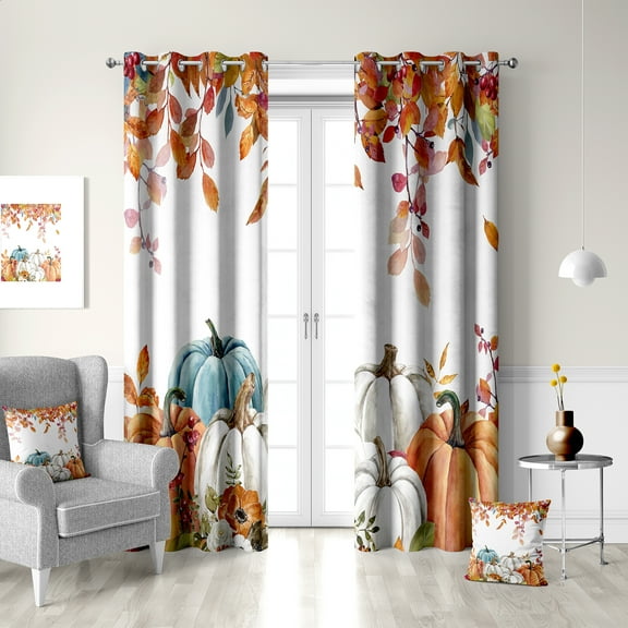 Fall Pumpkin Black Out Window Curtains, Autumn Maple Leaves Boho Floral Thanksgiving Harvest Decor for Bedroom, Living Room, Art Gallery Grommet Window Drapes 2 Panel Set, 52"x84"