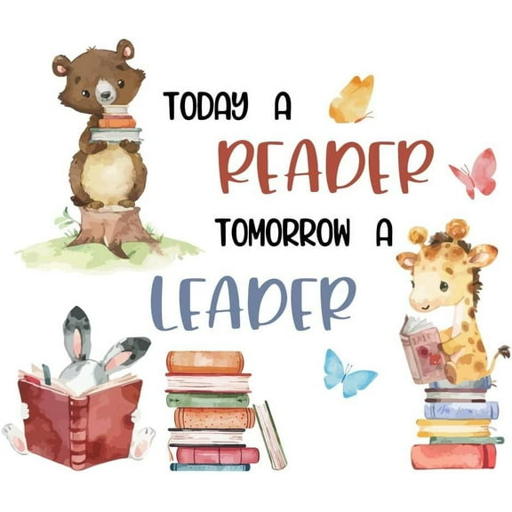 Animals Reading Wall Decal - Inspirational Quotes Today a Reader Tomorrow a Leader - Art Decoration Vinyl Sticker for DIY Reading Room School Classroom