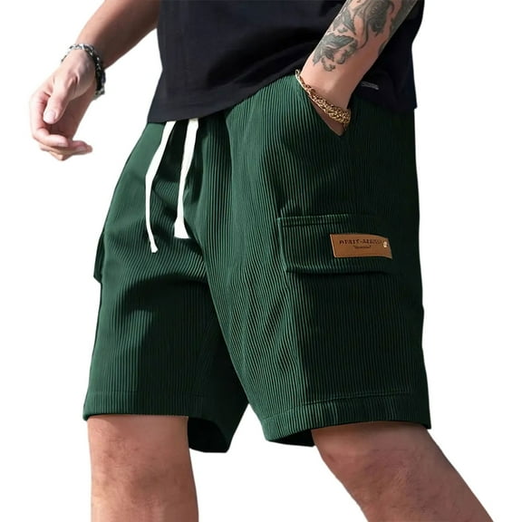 ADSSDQ Men's Corduroy Cargo Shorts Casual Workout Athletic Short Pants Drawstring Elastic Waist Shorts with Multi Pockets Dark Green M