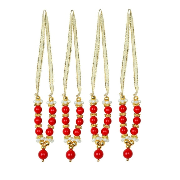Set of 4 Mala Artificial Beads Ribbon Garland Small Idol Mala Pooja Sringar Article Ornament Indian Traditional Festival Diwali Decorations Home Decor for God Frame (Size:-2" Inches)(Red,Golden)