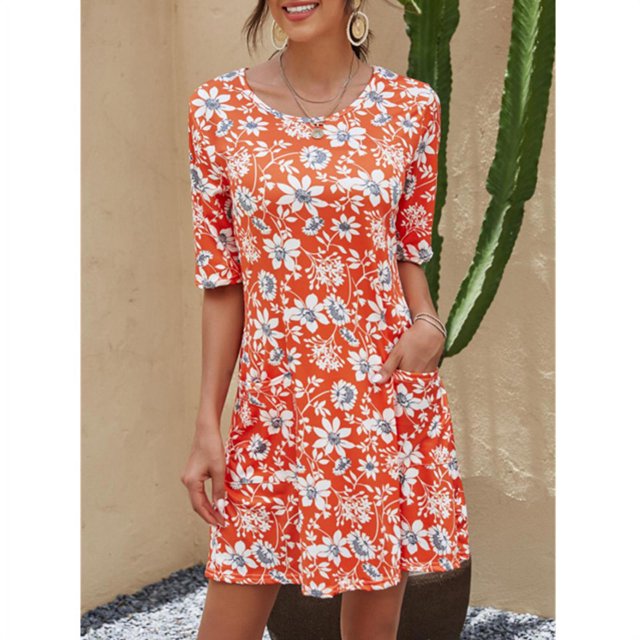 Nouvelle Robe de Poche à Manches Courtes Imprimée Florale pour Femmes une Robe de Ligne
