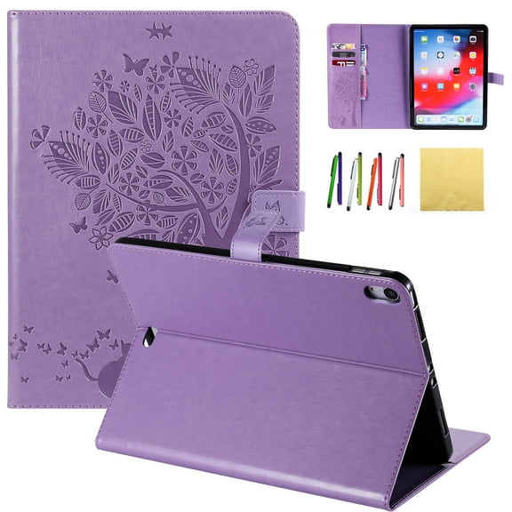 iPad Pro 11 2018 Case, Allytech Embossed Cat & Tree PU Leather Stand Folio Wallet Case Cover with Credit Card Slots for New Apple iPad Pro 11 2018, Purple
