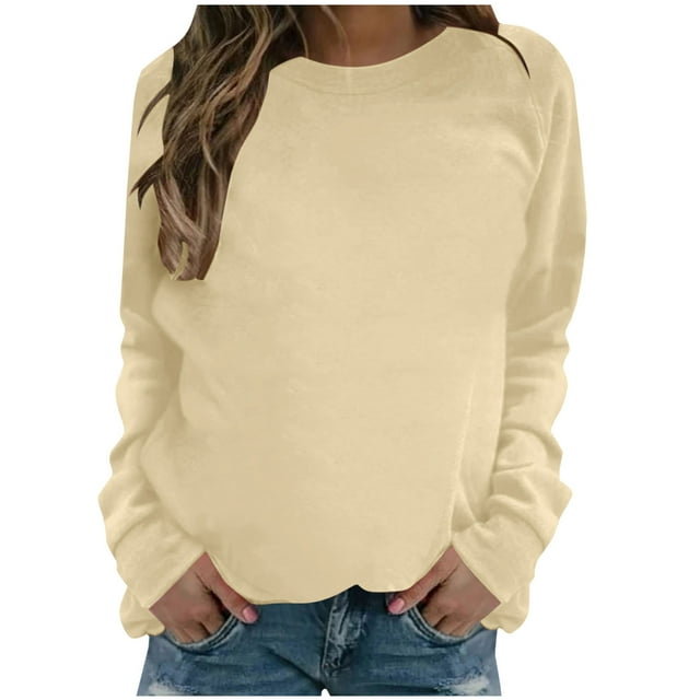 Admvng Chandails en Molleton à Col Rond pour Femmes Manches Longues Décontractées Col Rond Couleur Unie Coupe Décontractée Tunique Tendance Mignonne P-2TG