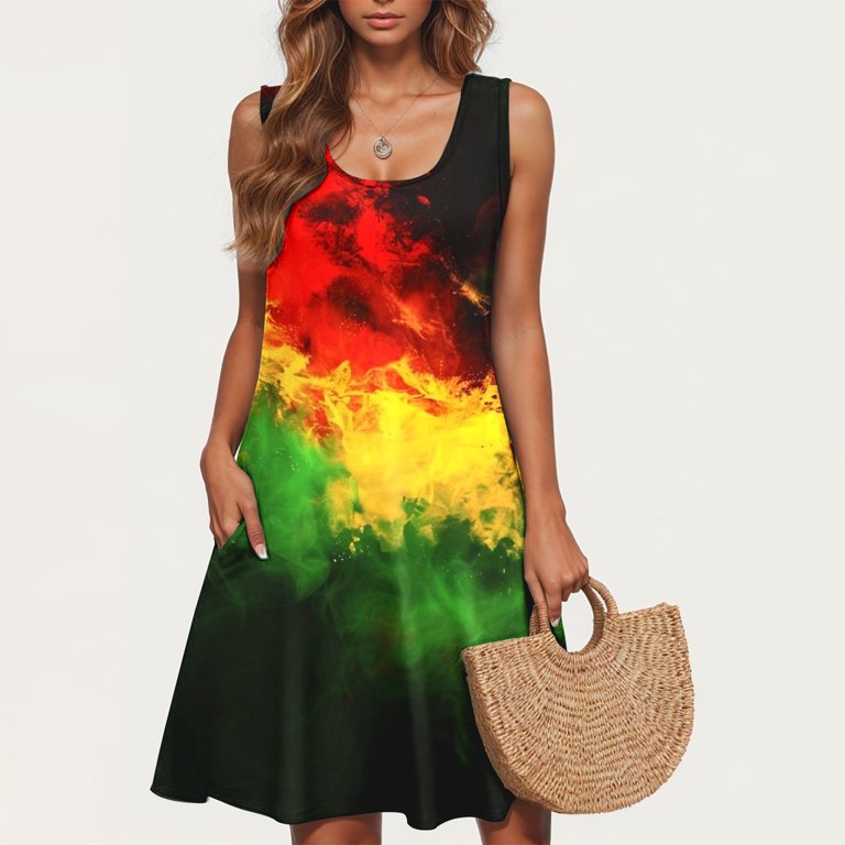 Aboser African American Tie Dye Summer Dresses for Women Round Neck Sleeveless Dress Casual Flowy Short Mini Dress Black History Party Sundress