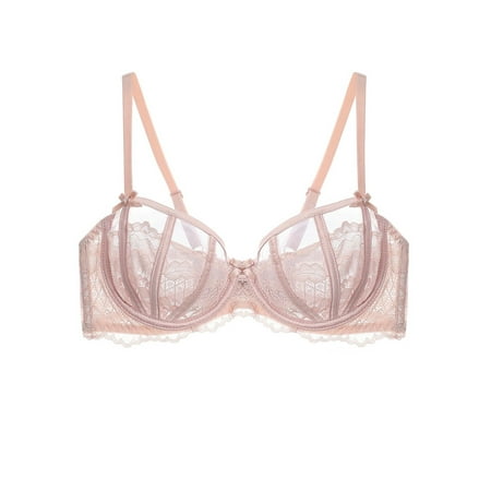 Women s Sexy Lace Bra Underwire Balconette Unlined Demi Sheer Plus SizePink 36B)