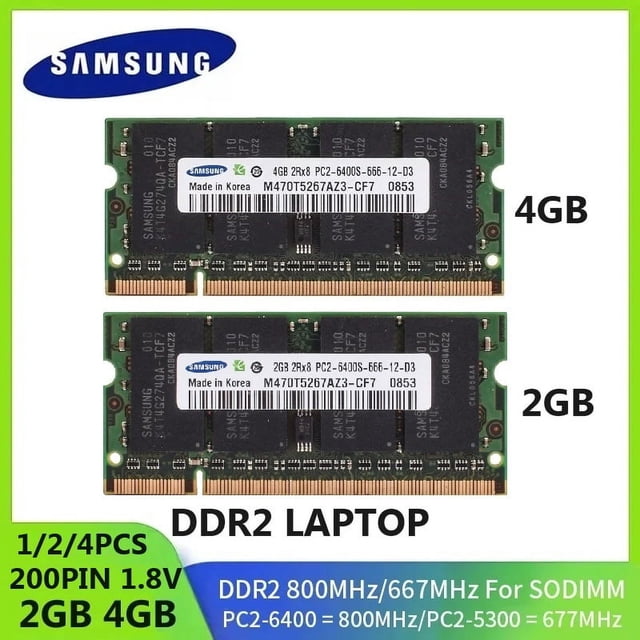 1/2 Pcs Mémoire RAM DDR2 SODIMM Notebook 4 Go 2 Go 667Mhz PC2-5300s 800MHz PC2-6400S Non ECC Sans Tampon 1.8V CL5 2RX8 Ordinateur Portable 4 Pcs 2 Go DDR2 667Mhz