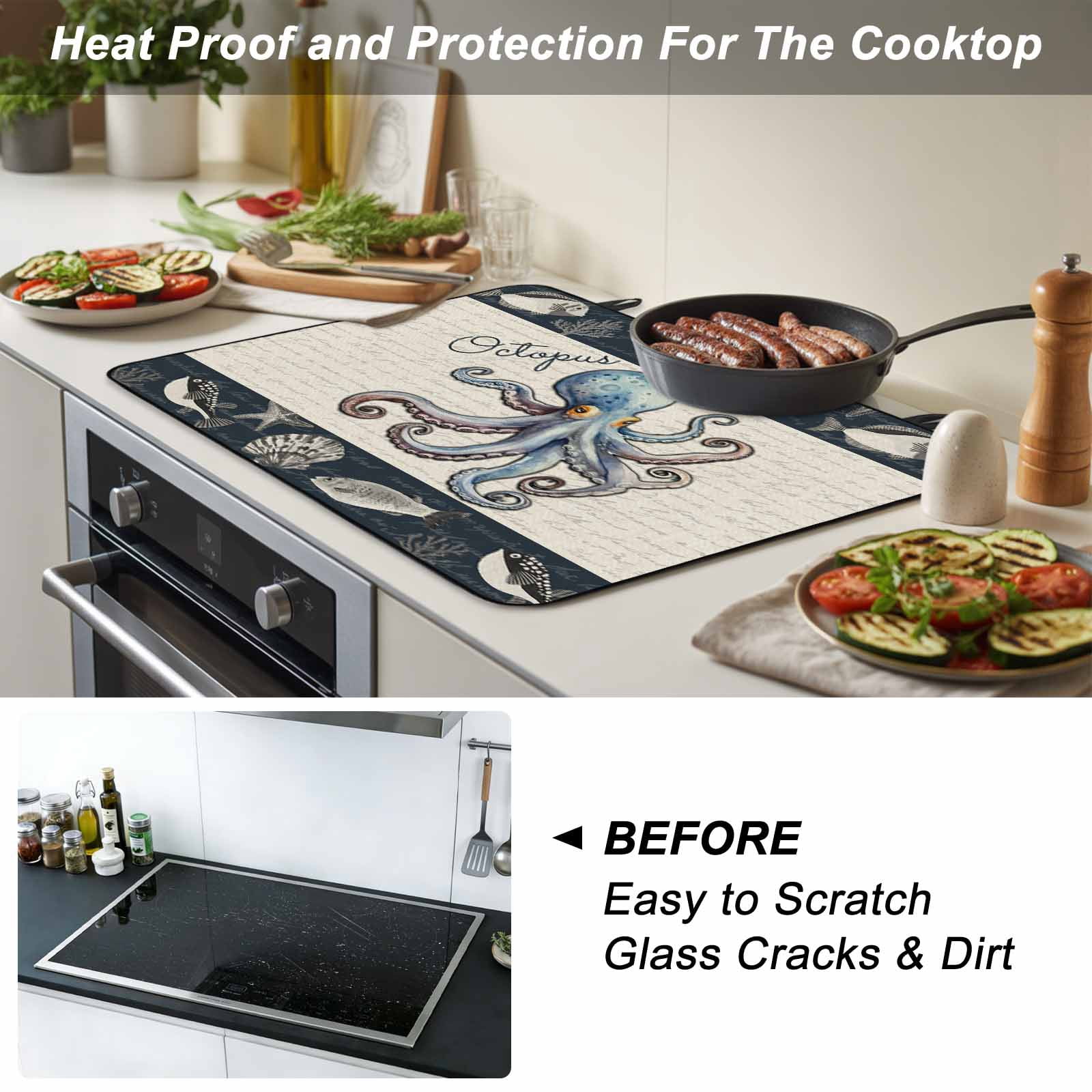Coastal Octopus Stove Top Cover for Electric Stove, Heat-proof & Non Slip Glass Top Stove Cover Protector, Nautical Ocean Beach Fish Starfish Kitchen Flat Cooktop Rubber Mat 24x21 Inches