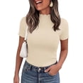 thumbnail image 3 of PRETTYGARDEN Short Sleeve T Shirts for Women Summer Clothes Casual Spring Tops Ruffle Mock Neck Ribbed Fitted Basic Tees, 3 of 9