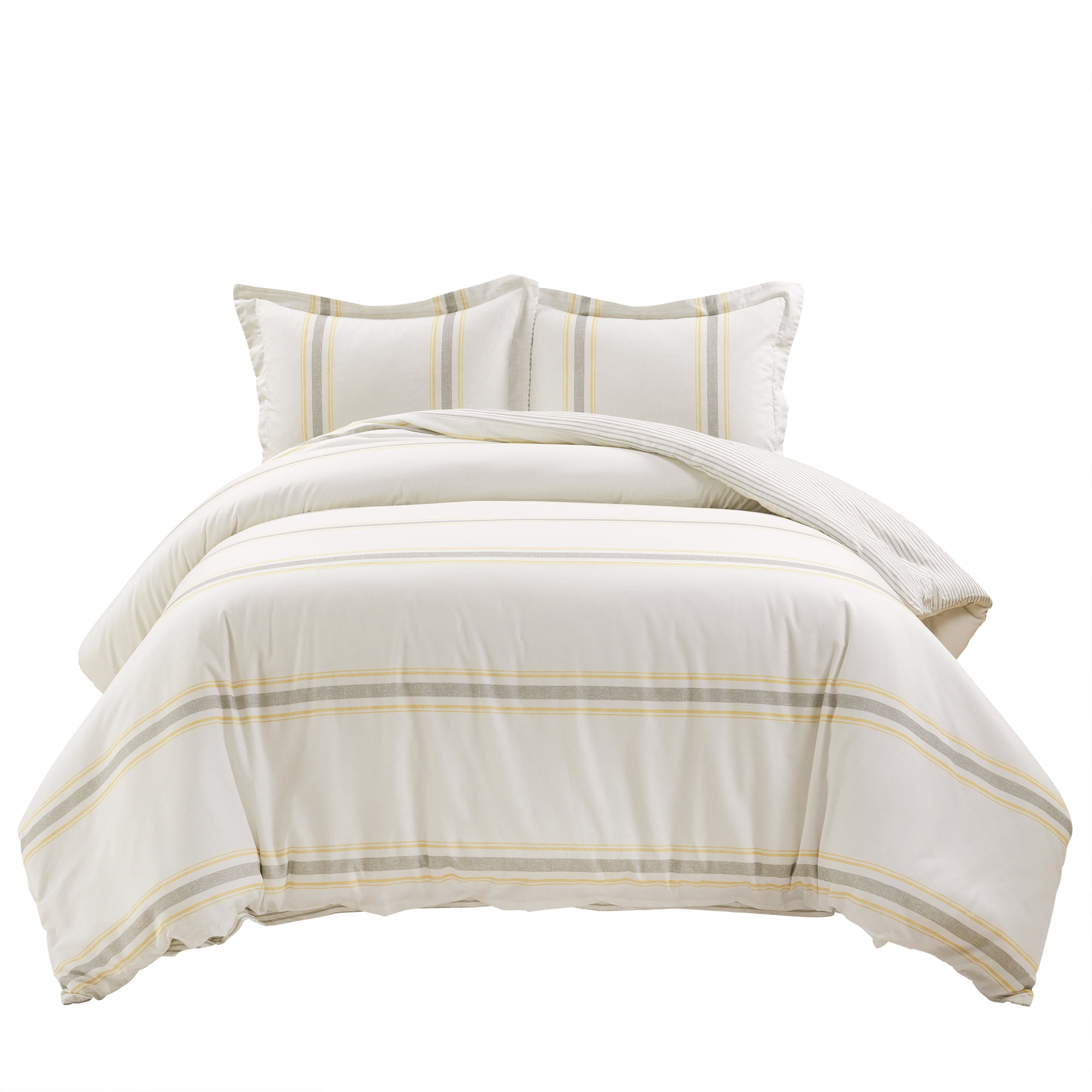 Lush Decor Farmhouse Stripe Reversible Oversized Cotton Duvet Cover Yellow/Gray 3Pc Set King