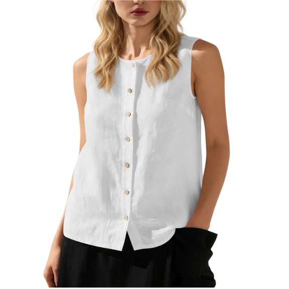 TKLPEHG Button Up Tank Tops for Women Sleeveless Loose Fit Shirts Casual Summer Cotton Button Tank Top Crew Neck Solid Color Tshirt Fashion (White,S)