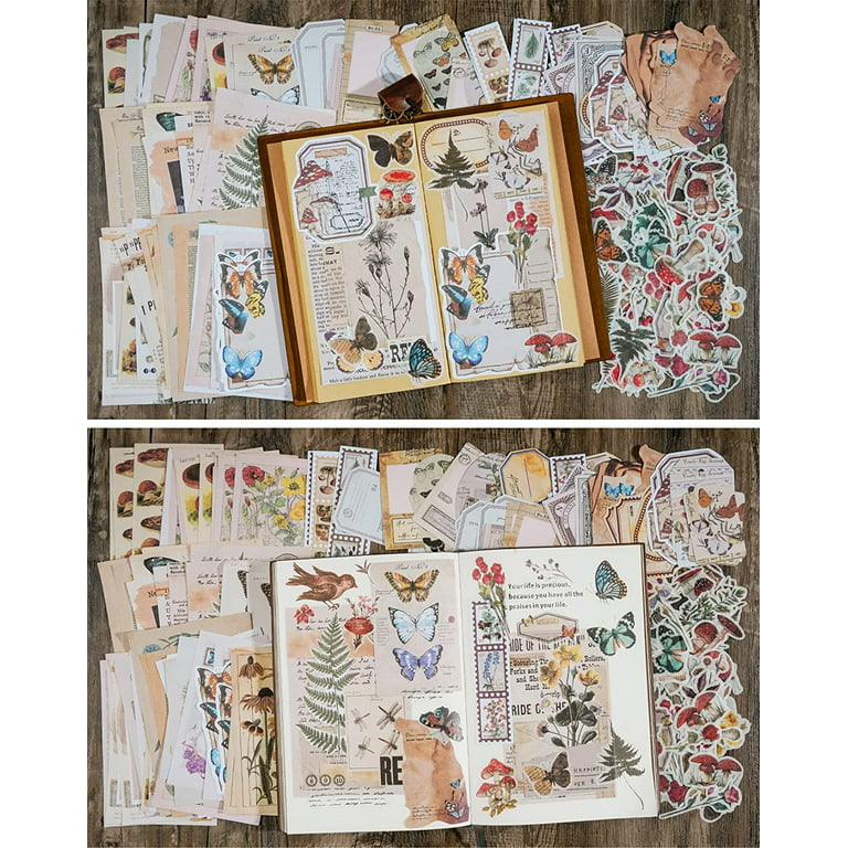  445 PCS Vintage Scrapbook Paper Journaling Scrapbooking  Supplies Kit Aesthetic Decorative Craft Paper include 40 Sheet Flowers  Stickers for Planner, Bullet Journaling, Junk Journal, Retro Crafts