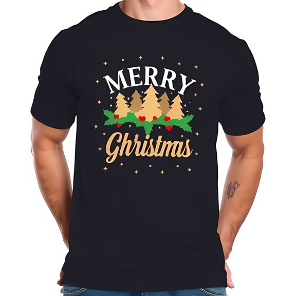 Festive Navy Blue Cotton Short Sleeve T-Shirt with Golden Christmas Trees & Holly Wreath Design Merry Christmas Print