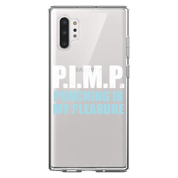 DistinctInk Clear Shockproof Hybrid Case for Galaxy Note 10 PLUS (6.8" Screen) - TPU Bumper Acrylic Back Tempered Glass Screen Protector - PIMP - Punching Is My Pleasure