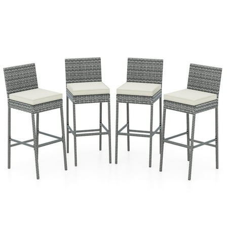 Gymax 4 PCS Patio Wicker Barstools Bar Height Chairs W/ Cushions Backyard Off White