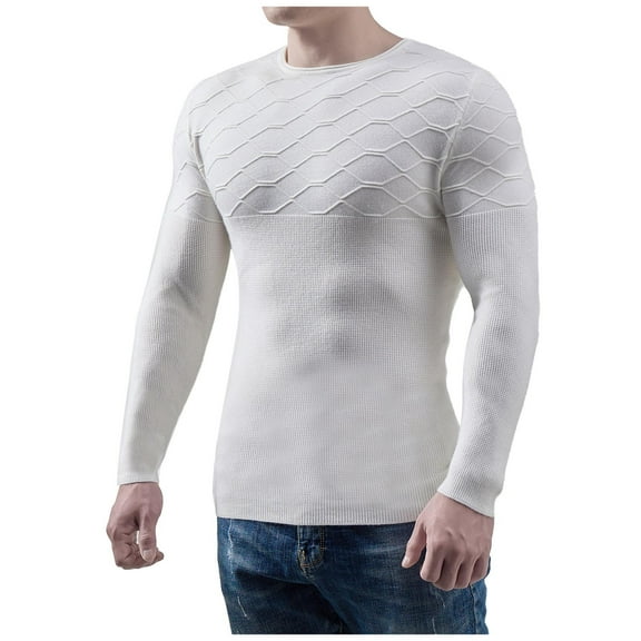Fesfesfes Long Sleeve Shirt for Men Casual Solid Round Neck Pullover Long Sleeve Sweater Slim Fit Bottoming Knit Top Sale Items