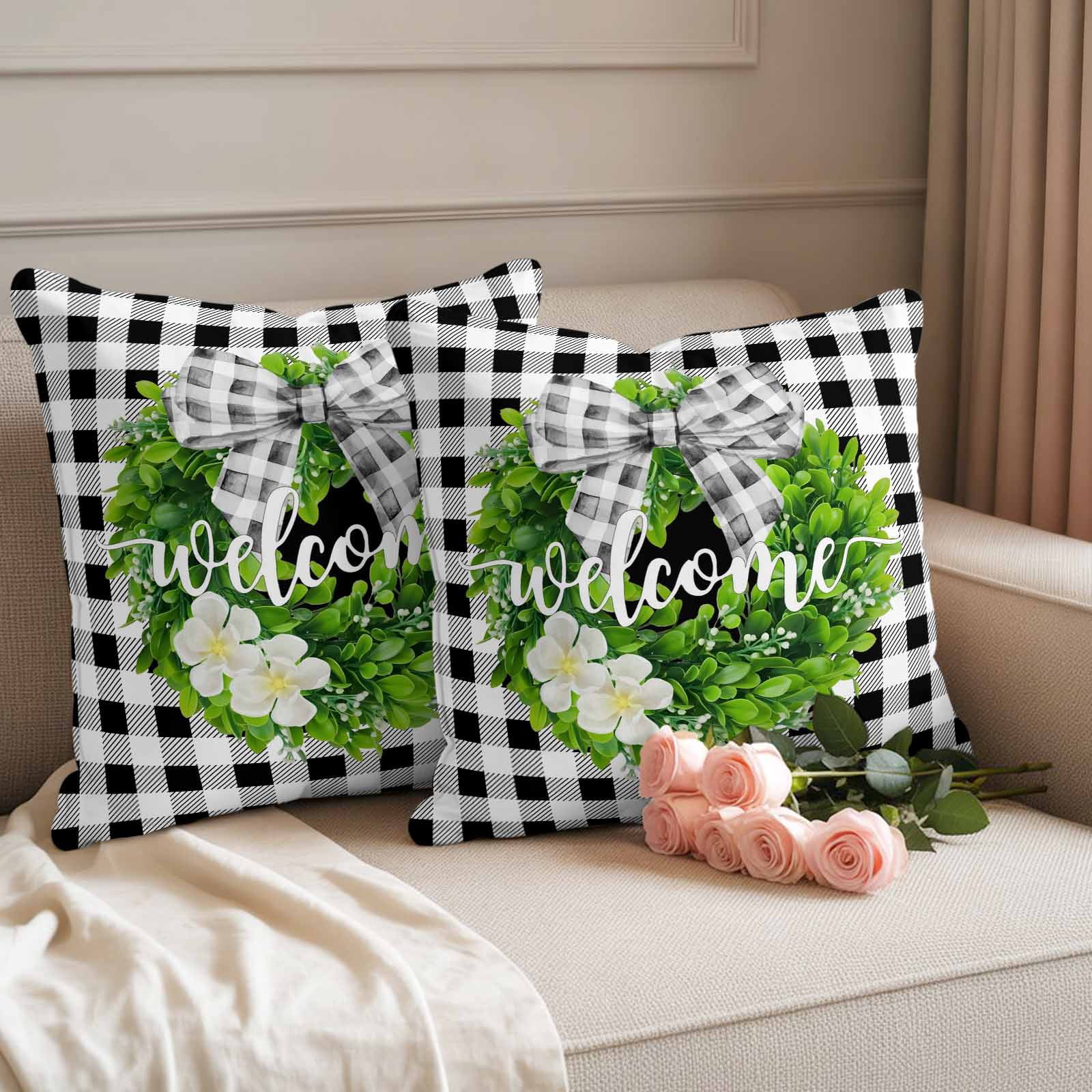 Welcome Pillow Covers 2 Pack Spring Country Farm Green Boxwood Flowers Wreath Black White Plaid Pillowcase Waterproof Outdoor Throw Pillow Cover for Patio Garden Square Cushion 16”x16”