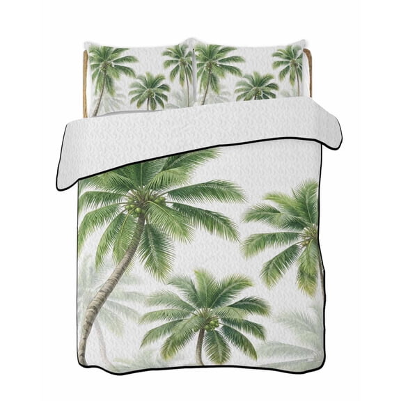 Green Palm Trees 3 Piece Quilt Bedding Set with 2 Pillow Shams, Coastal Coconut Leaves Tropical Plant Summer Lightweight Bedspread Coverlet, Soft Breathable All Season Quilt, 68 x 86 Inch