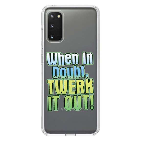DistinctInk Clear Shockproof Hybrid Case for Galaxy S20 / S20 5G (6.2" Screen) - TPU Bumper Acrylic Back Tempered Glass Screen Protector - When in Doubt Twerk it Out
