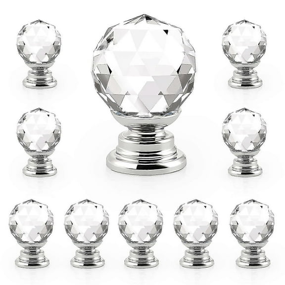 10 x 20mm Round Glass Kitchen Cabinet Handles Clear Diamond Furniture Drawer Handles Crystal Cabinet Pulls with Screws