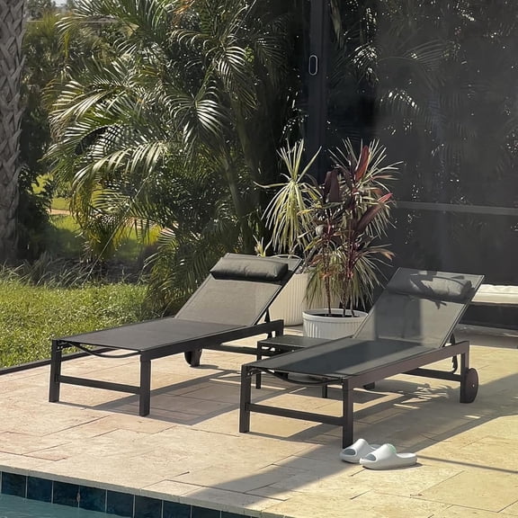 PURPLE LEAF 3-Piece Patio Lounge Chair Set – Outdoor Chaise Loungers with Aluminum Frame, Side Table & Wheels for Poolside, Sunbathing & Tanning, Includes Pillows,Gray