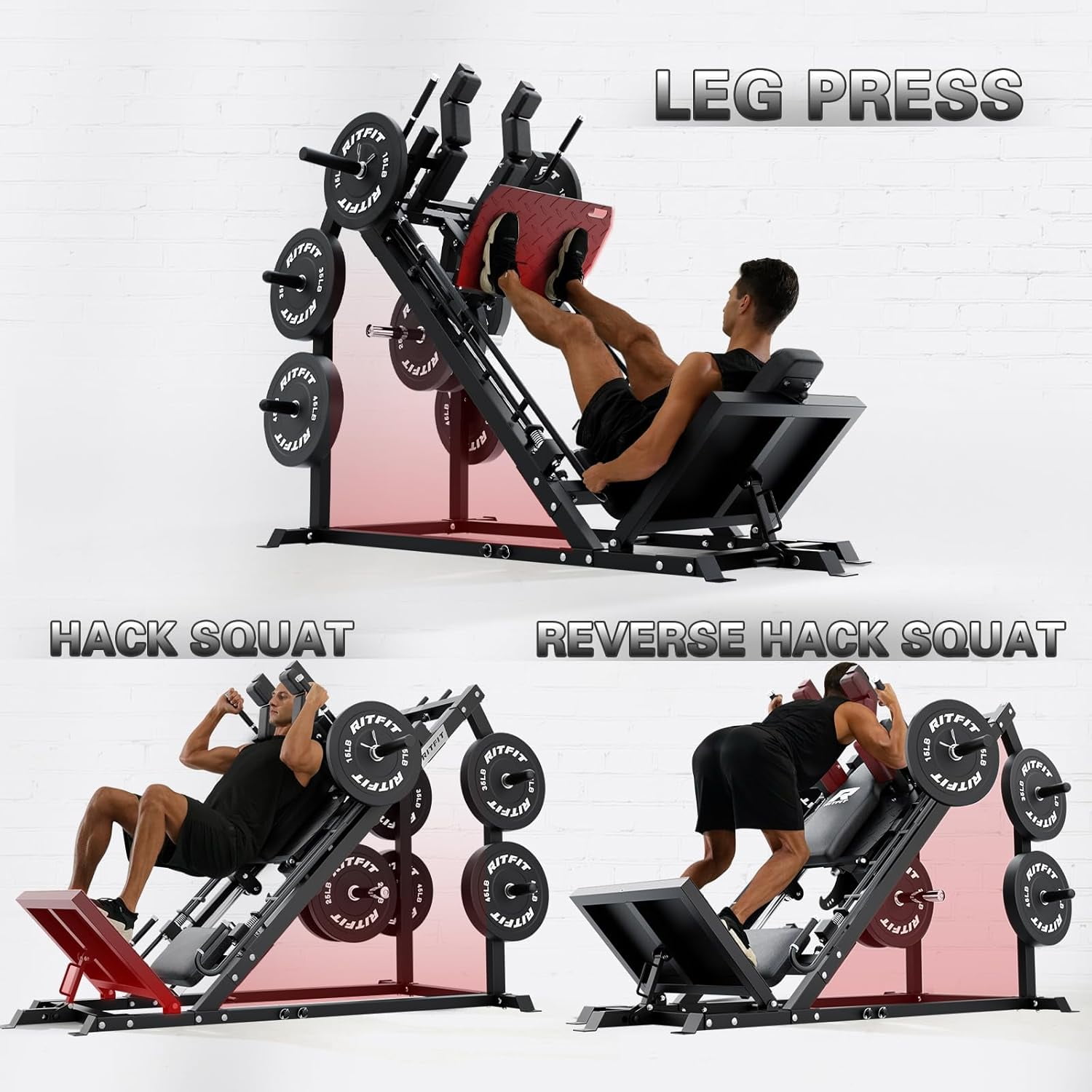 RitFit Gazelle Pro 3 in 1 Leg Press and Hack Squat Machine - High-Tensile Steel Leg Press Machine, 2000 lbs Capacity, Adjustable Angles, Hack Squat Machine with Weight Storage, for Home Gym (Black)