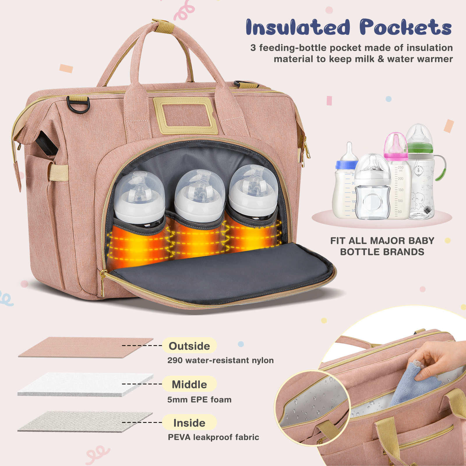 Diaper Bag Tote, Multifunctional Baby Changing Bag with Insulated Milk Bottle Pockets, Large Capacity Travel Backpack W/ USB Charging Port & Stroller Straps, Portable Newborn Baby Bags(Pink)
