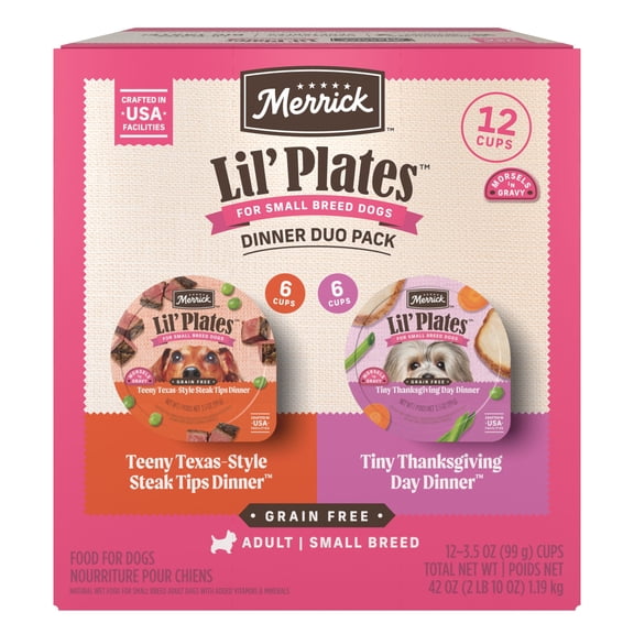 Merrick Lil' Plates Small Wet Dog Food, Steak Tips & Turkey Dinner in Gravy, 3.5 oz Tubs, 12 Pack