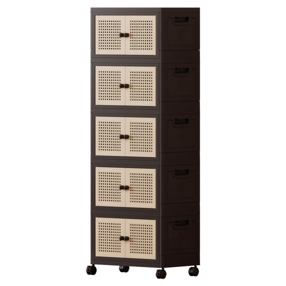 5-Tier Plastic Storage Cabinet With Wheels Rattan-Style Doors Standard Color