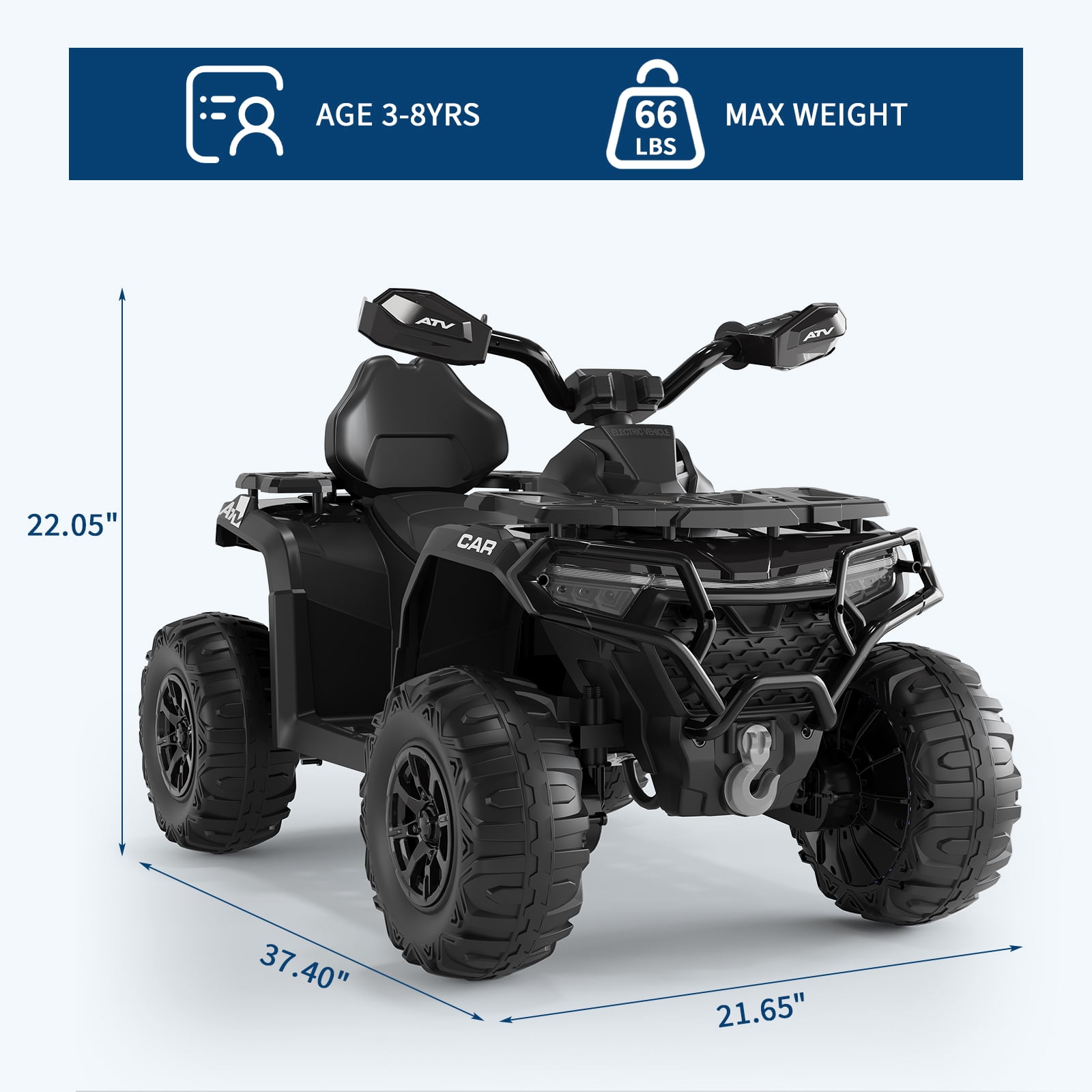 Garvee 12V Kids Ride On ATV,3 Variable Speeds,with Parent Remote Control,LED Headlights,Music,Black
