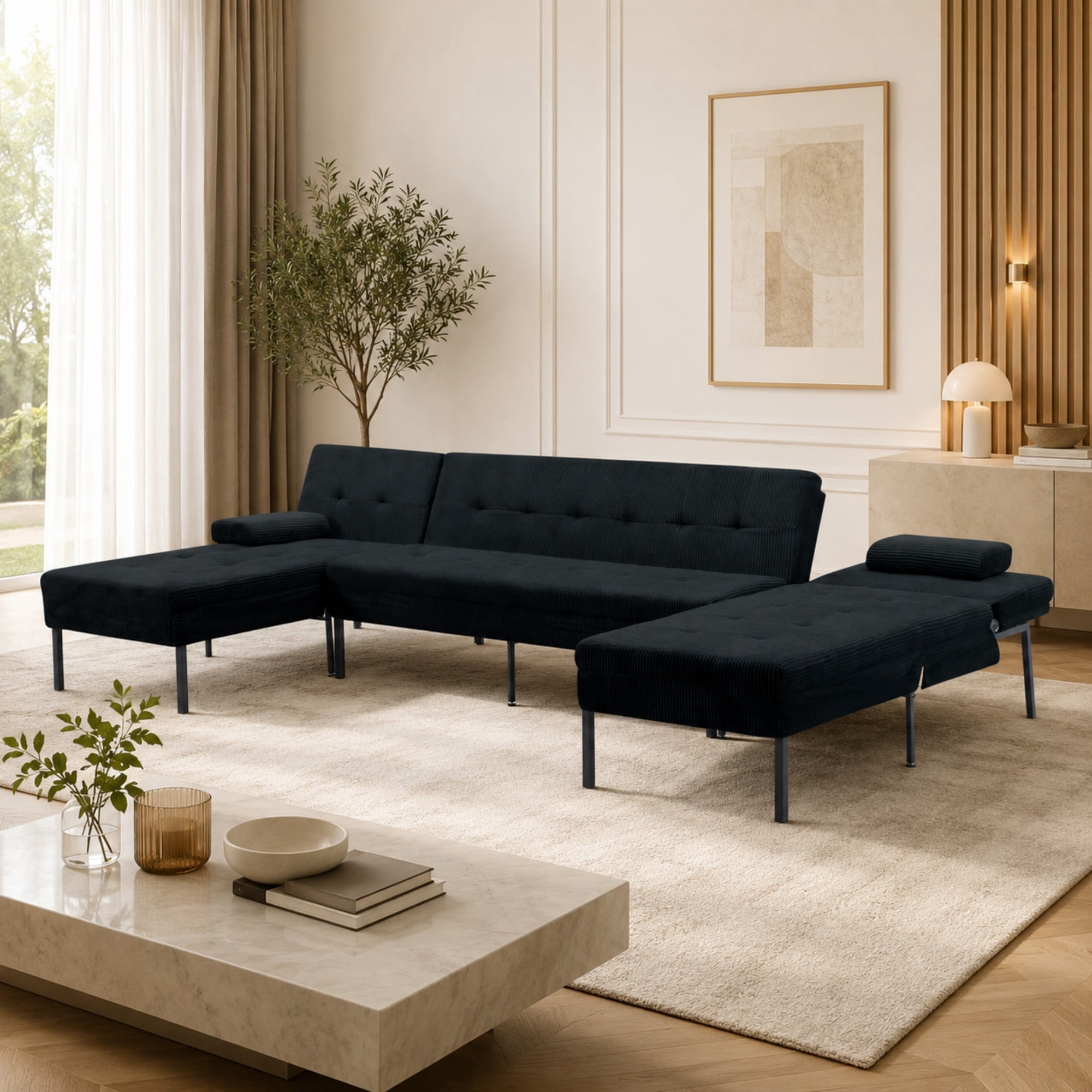BSHTI 117.13" Soft Corduroy U-Shaped Sectional Sofa Bed with 5-Position Backrest, Comfy Couch for Living Room（Black）