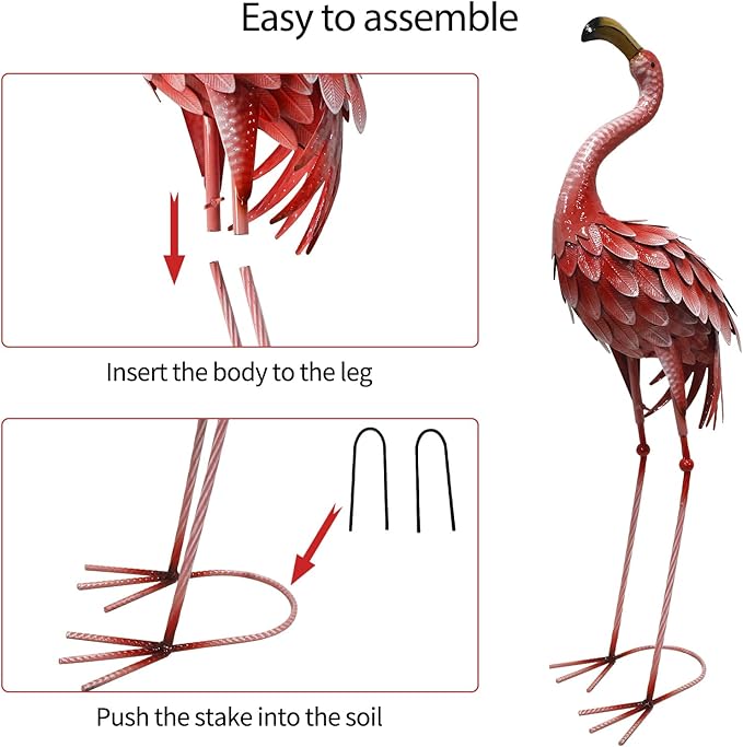 34 Inch Flamingo Garden Decor, Metal Bird Statue Yard Decor, Large Flamingo Outdoor Statues for Patio, Lawn, Backyard, Porch, Garden Sculpture & Statue, Red