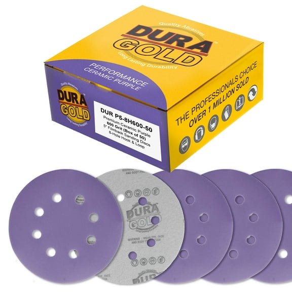 Dura-Gold Premium 600 Grit 5" Purple Film Ceramic Sanding Discs, 8-Hole Pattern, Box of 50 - Dustless Hook & Loop Backing Sandpaper for DA & Random Orbital Sanders - Sand Auto Paint, Wood