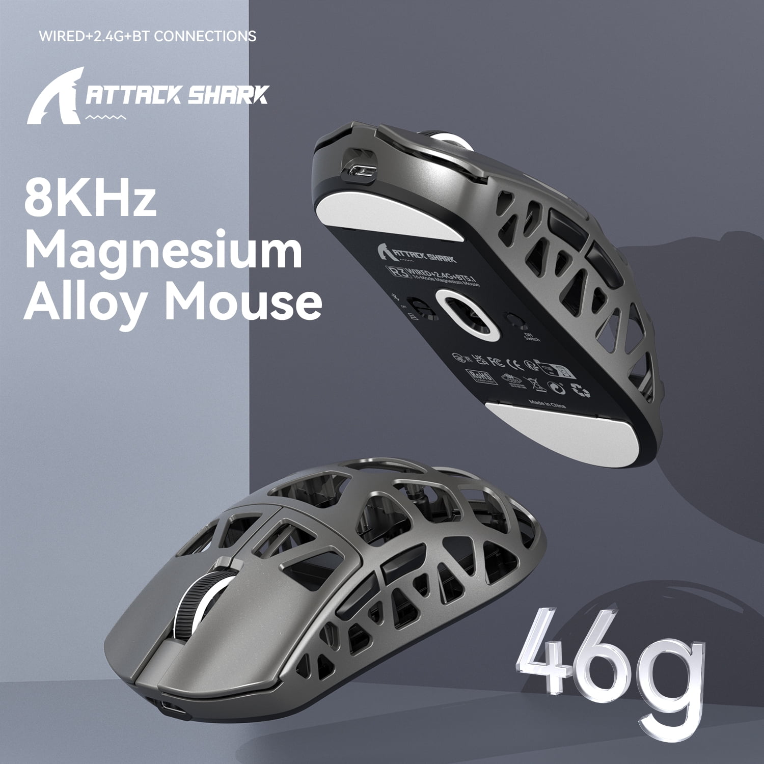 ATTACK SHARK R3 46g Superlight Wireless Gaming Mouse, Magnesium Alloy BT/2.4Ghz/Wired Computer Mouse, PAW3395 26K DPI Sensor, 8000Hz Wireless Polling Rate Programmable Mice for PC/Laptop/Mac (Grey)