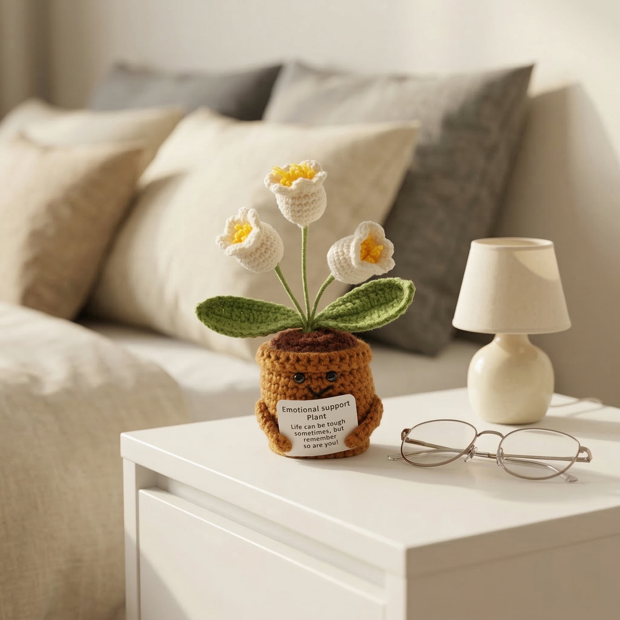 Unique Bargains Handmade Crochet Lily Knitted Potted Plant White 4.3inch