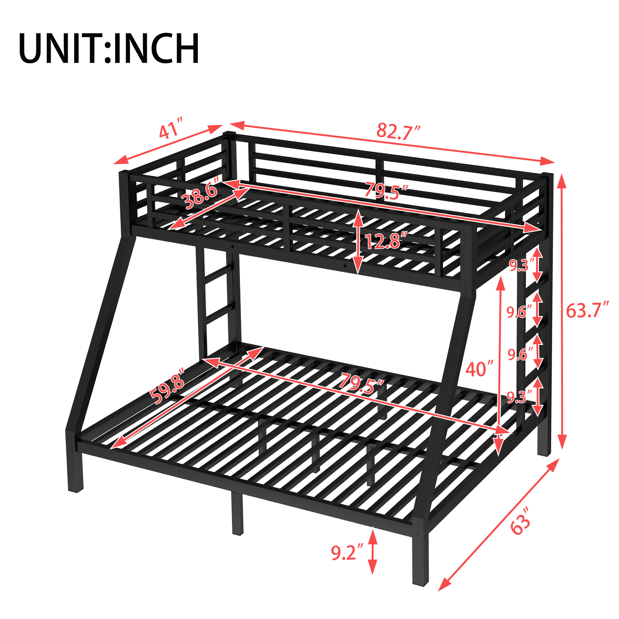 Leumius Twin XL over Queen Bunk Bed for Teens and Adults,Heavy Duty Metal Bed Frame with 2 Side Ladders,Space-Saving/Noise Reduced/No Box Spring Needed,Black